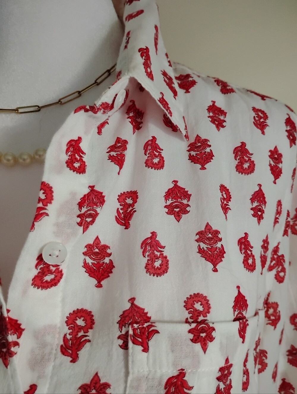 Lucky Brand Block Print Button Up Shirt Red White Classic Bohemian Size Small